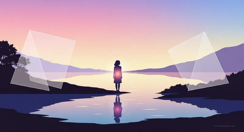 internal-boundaries-and-self-awareness-bestie-ai.webp. A person standing by a reflective lake, symbolizing internal boundaries and self-awareness through a soft inner glow and protective geometric veils.