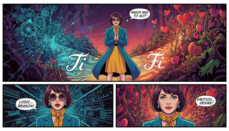 A visual representation of the INTP vs INFP confusion, showing a person choosing between a logical, mechanical path (Ti) and a path of natural, personal values (Fi). Filename: intp-vs-infp-confusion-find-your-true-type-bestie-ai.webp