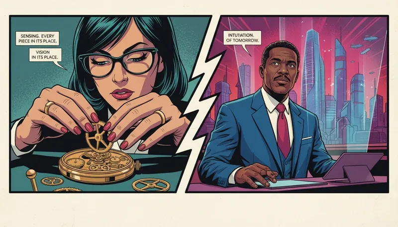 A split image representing intuition vs sensing in careers: one side shows hands-on detail work, the other shows futuristic strategic planning. intuition-vs-sensing-career-alignment-bestie-ai.webp