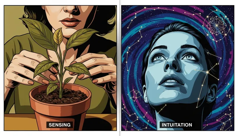 A split image illustrating the concept of intuition vs sensing. One side shows hands in rich soil, representing concrete reality, while the other shows a person gazing at constellations, representing abstract patterns. Filename: intuition-vs-sensing-real-life-examples-bestie-ai.webp
