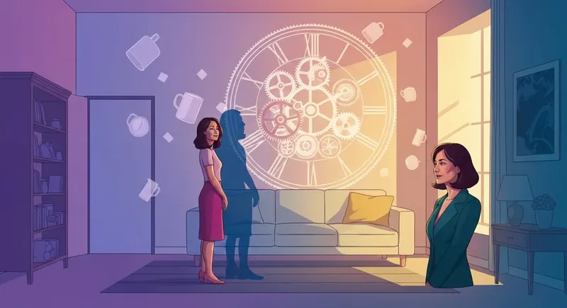 A woman carrying the symbolic glowing weight of a clockwork mechanism, representing invisible labor and relationship resentment in a modern household setting-bestie-ai.webp