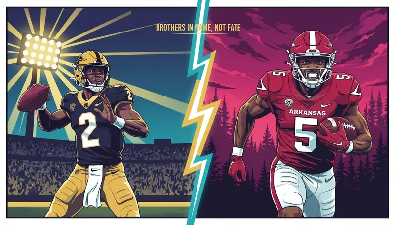 A conceptual image showing the answer to 'is raheim sanders related to shedeur sanders' by depicting two football players on separate paths, symbolizing their different family backgrounds. is-raheim-sanders-related-to-shedeur-sanders-bestie-ai.webp