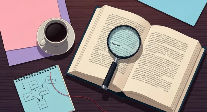 A reader's desk showing an analysis of whether The Boyfriend by Freida McFadden is predictable, with a magnifying glass over the book and detective notes nearby. is-the-boyfriend-freida-mcfadden-predictable-bestie-ai.webp
