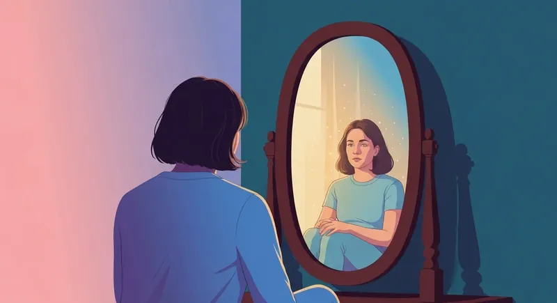 A person reflecting on the question is this trauma or anxiety by looking at their past self in a mirror-is-this-trauma-or-anxiety-bestie-ai.webp