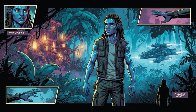 A symbolic image depicting Jack Champion's character Spider from Avatar, standing between the Na'vi world and human technology, representing why he is so important as a narrative bridge. Filename: jack-champion-avatar-spider-important-bestie-ai.webp