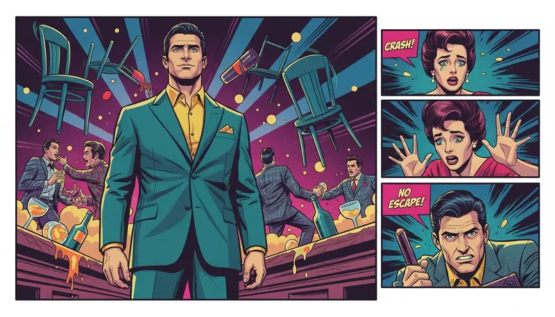 A cinematic depiction of the brutal artistry in the Jake Gyllenhaal Road House fight scene, showing a man calmly facing chaos in a bar brawl. jake-gyllenhaal-road-house-fight-scene-analysis.webp