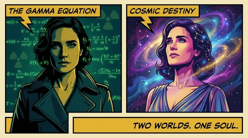 A symbolic portrait exploring the MCU role speculation for Jennifer Connelly, with one side representing her past as Betty Ross and the other her cosmic future potential. jennifer-connelly-mcu-role-speculation-bestie-ai.webp