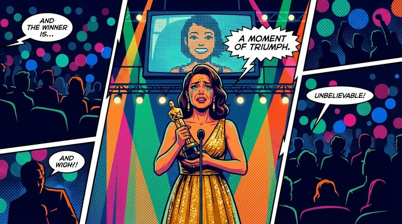 A triumphant Jennifer English on stage at The Game Awards, emotionally accepting her award for Best Performance. jennifer-english-game-awards-win.webp