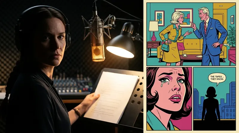 A portrait illustrating the career of voice actor Jennifer English, showing her in a recording booth, capturing the essence of her award-winning performances. jennifer-english-voice-actor-career.webp