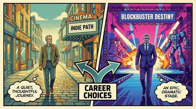 A symbolic image showing two diverging paths, illustrating the Josh Hutcherson career vs Liam Hemsworth choices post-Hunger Games, one path leading to an indie film set and the other to a blockbuster. josh-hutcherson-career-vs-liam-hemsworth-bestie-ai.webp