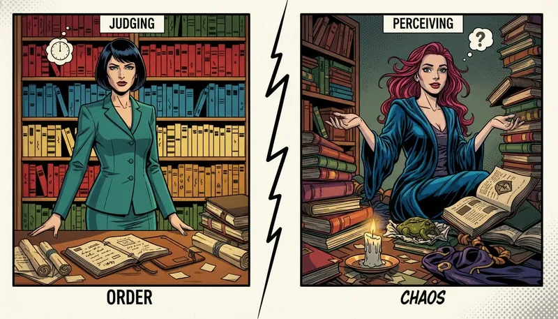 A split image representing judging vs perceiving traits: one side shows an organized, planned desk like Hermione's, the other a chaotic, spontaneous space like Ron's. Filename: judging-vs-perceiving-stereotypes-media-bestie-ai.webp