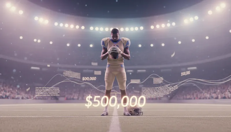 An illustration representing the financial pressure of NFL contracts, showing a player like Kendrick Bourne contemplating his performance bonus. kendrick-bourne-nfl-contract-incentives-bestie-ai.webp