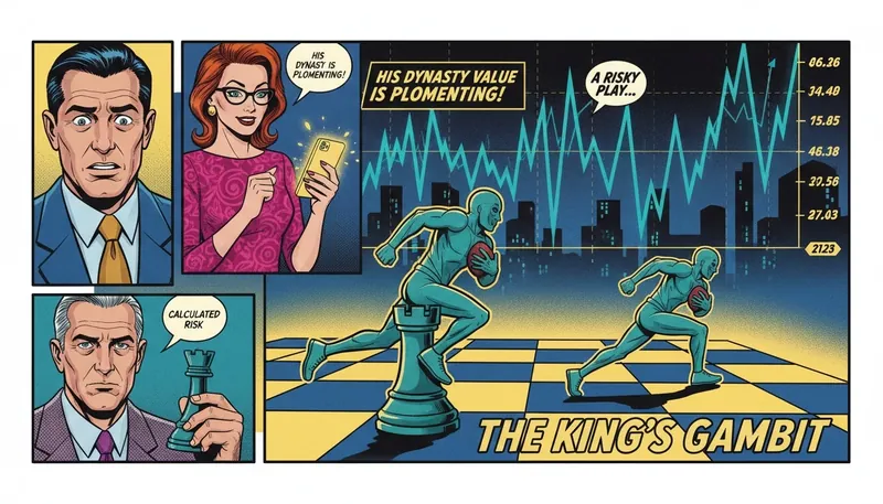 A symbolic image representing the fluctuating Kenneth Gainwell dynasty value, showing a football player chess piece against a volatile stock market graph. Filename: kenneth-gainwell-dynasty-value-bestie-ai.webp