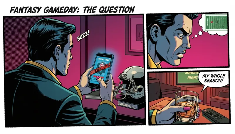 A tense fantasy football manager reviews the latest Kenneth Gainwell news on their phone, which shows his questionable game status. Filename: kenneth-gainwell-news-injury-update-bestie-ai.webp