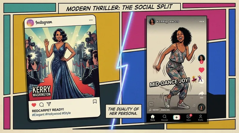 A split image illustrating the Kerry Washington social media strategy, with her polished Instagram persona on one side and her fun TikTok persona on the other. filename: kerry-washington-social-media-strategy-bestie-ai.webp