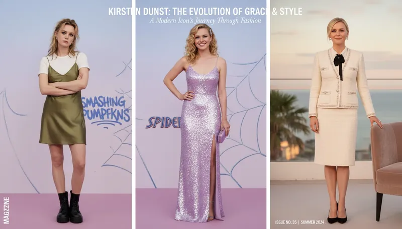 A visual timeline showing the Kirsten Dunst red carpet evolution, from her 90s beginnings to modern Hollywood glamour. filename: kirsten-dunst-red-carpet-evolution-bestie-ai.webp