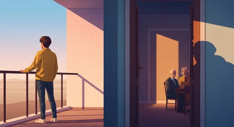 learning-to-accept-parental-disappointment-bestie-ai.webp - An adult standing in the light of their own choices, symbolizing the journey of learning to accept parental disappointment while finding personal freedom.