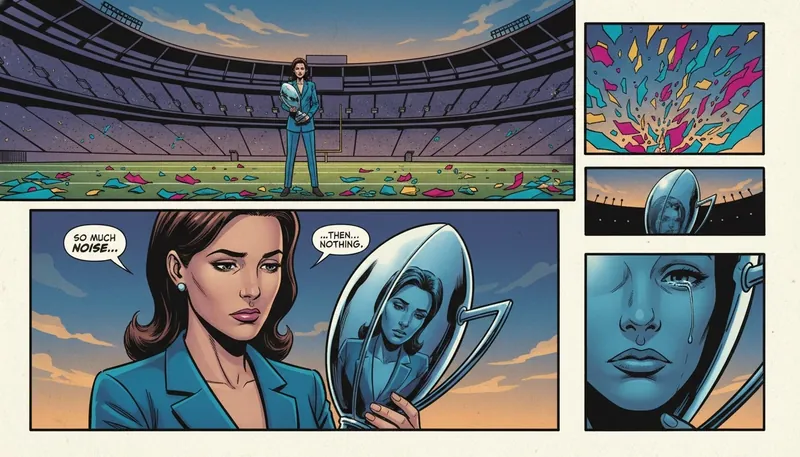 A person contemplates the hollow feeling of linking self worth to achievement while holding a trophy in an empty stadium. Filename: linking-self-worth-to-achievement-bestie-ai.webp