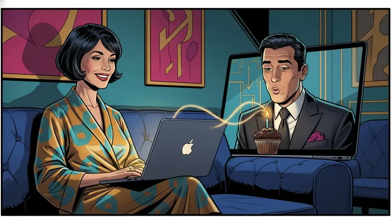 A hopeful depiction of long distance relationship celebration ideas, showing a couple connecting virtually over a birthday cupcake to bridge the physical miles. Filename: long-distance-relationship-celebration-ideas-bestie-ai.webp