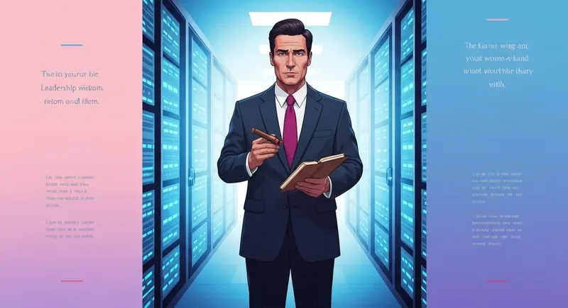 Lou Gerstner inspired leadership concept showing an outsider executive standing confidently in a high-tech IBM-style server environment. lou-gerstner-outsider-leadership-bestie-ai.webp