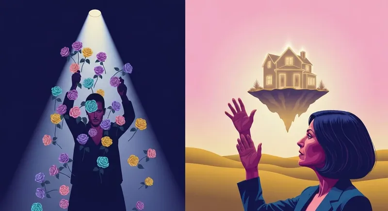 A symbolic illustration of love bombing vs future faking showing the contrast between overwhelming present intensity and the mirage of false promises. love-bombing-vs-future-faking-bestie-ai.webp