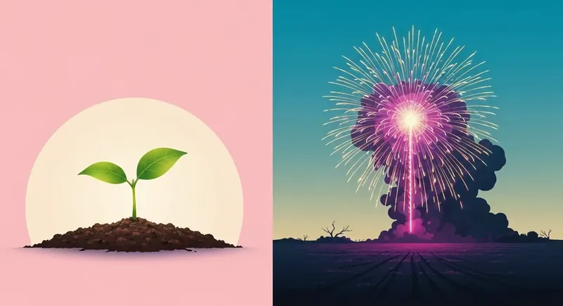 A visual comparison of a growing plant and neon fireworks, illustrating the difference between love bombing vs honeymoon phase. love-bombing-vs-honeymoon-phase-bestie-ai.webp