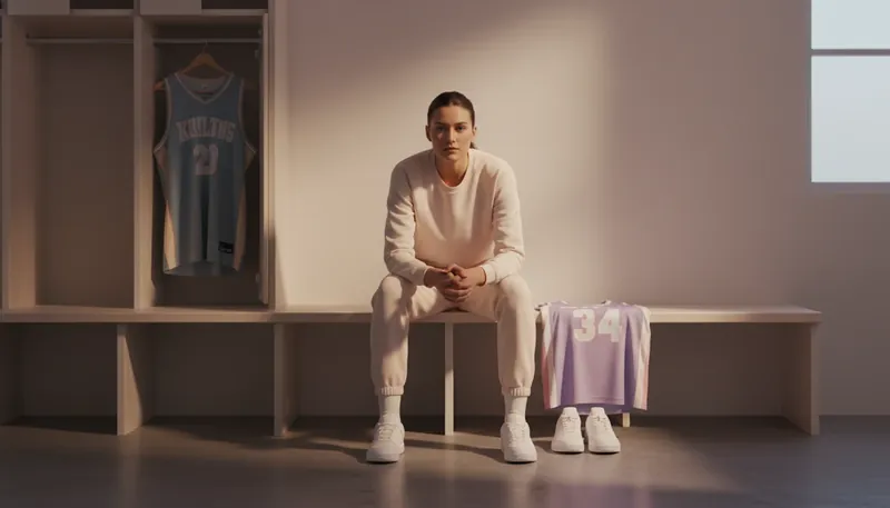A basketball player in a locker room, representing the reflective process of managing career transition anxiety by acknowledging a past identity before embracing a new professional chapter. filename: managing-career-transition-anxiety-bestie-ai.webp