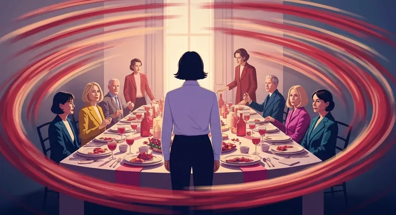 A person successfully managing family events anxiety by staying grounded at a chaotic holiday dinner table-managing-family-events-anxiety-bestie-ai.webp