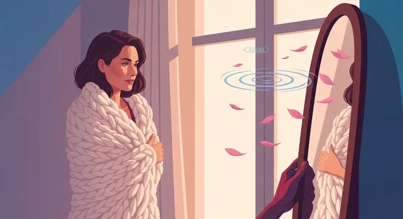 pms-bloating-and-breast-tenderness-bestie-ai.webp: A woman practicing self-compassion while managing pms bloating and breast tenderness in a soft, reflective setting.