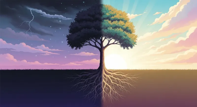 A symbolic image representing Martin Short on grief and resilience, showing a strong tree weathering a storm and embracing a sunrise, illustrating the concept of post-traumatic growth. Filename: martin-short-on-grief-and-resilience-bestie-ai.webp