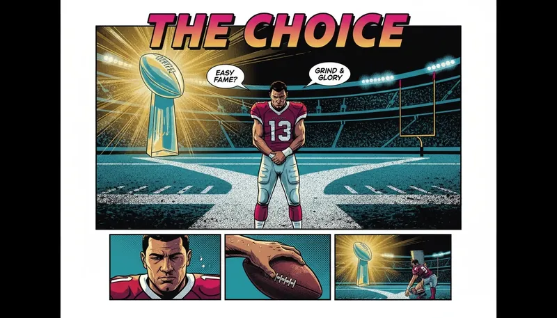 A symbolic image for a Marvin Harrison Jr. fantasy season review, showing a football player weighing the path of hype versus the reality of performance. filename: marvin-harrison-jr-fantasy-season-review-bestie-ai.webp