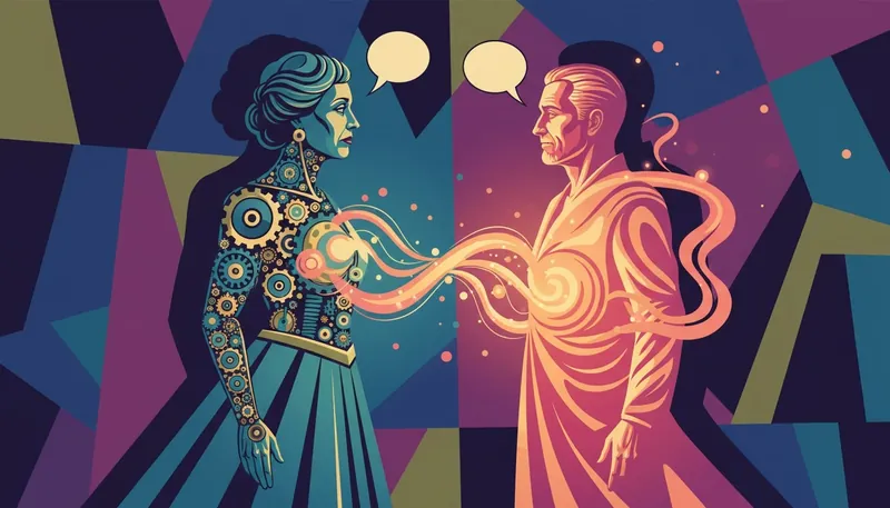 An artistic depiction of how mbti and enneagram in relationships work, with one person as clockwork gears and the other as a glowing heart, connecting to show understanding and personality type compatibility. Filename: mbti-and-enneagram-in-relationships-bestie-ai.webp