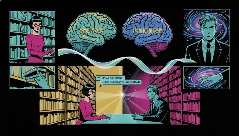 A symbolic image illustrating different MBTI and learning styles, with one brain depicted as an organized library and the other as a galaxy, representing sensor vs. intuitive thinking. Filename: mbti-and-learning-styles-bestie-ai.webp