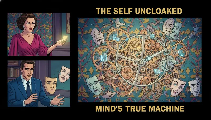 A visual representation of MBTI cognitive functions vs stereotypes, showing a complex inner mind breaking free from simple outer masks. Filename: mbti-cognitive-functions-vs-stereotypes-bestie-ai.webp