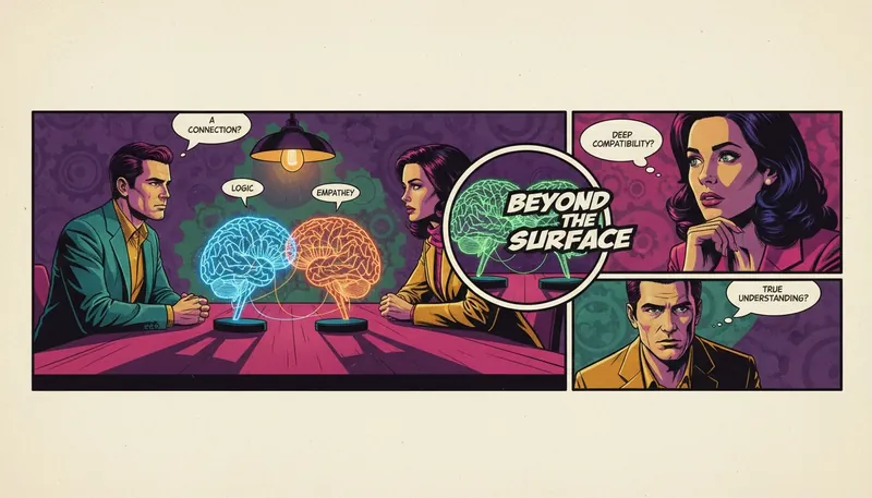 Two people sit at a table contemplating their connection, a glowing diagram between them illustrating the complexities of mbti long term compatibility. filename: mbti-long-term-compatibility-bestie-ai.webp