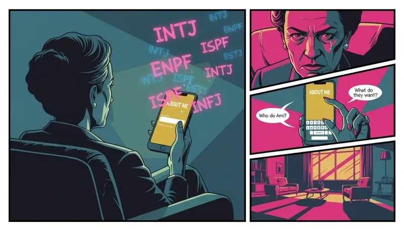 A person thoughtfully considering how to use their MBTI on a dating profile, with personality type letters swirling around their head, symbolizing the pros and cons of self-labeling online. mbti-on-dating-profile-bestie-ai.webp