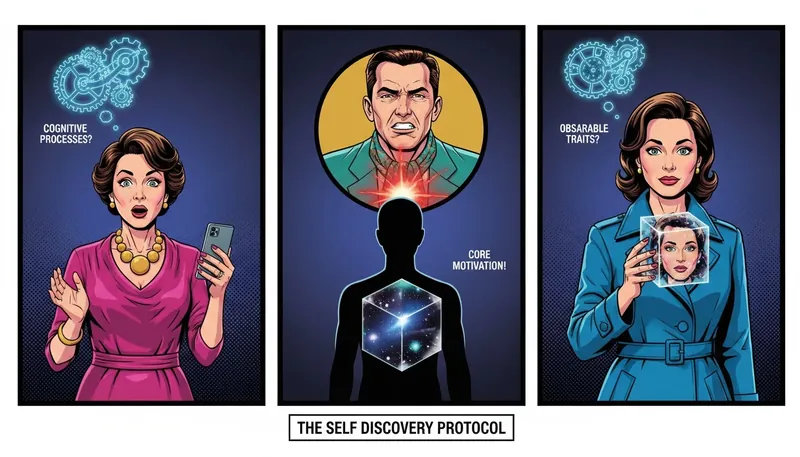 A person's silhouette contemplates three symbols representing the core differences in the mbti vs enneagram vs big five debate: cognitive gears, a motivational core, and a descriptive crystal. Filename: mbti-vs-enneagram-bestie-ai.webp