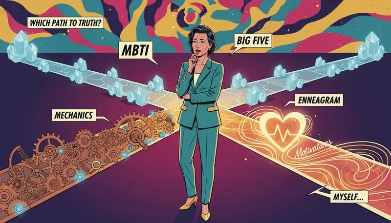 A visual representation of the MBTI vs Enneagram for career choice dilemma, showing a person choosing between three symbolic paths representing different personality systems. Filename: mbti-vs-enneagram-for-career-bestie-ai.webp