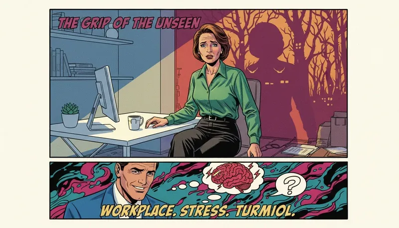 A symbolic image representing mbti workplace stress triggers, where a calm office worker's shadow becomes a tangled, chaotic forest, illustrating the concept of burnout and the inferior function grip. Filename: mbti-workplace-stress-triggers-guide-bestie-ai.webp