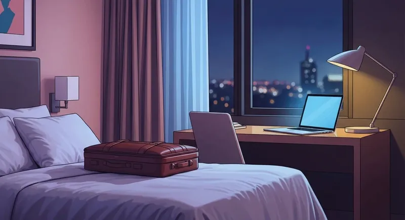 A lonely but professional hotel room setting emphasizing the importance of mental health for business travelers-bestie-ai.webp