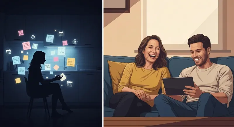 mental-load-impact-on-relationship-satisfaction-bestie-ai.webp. A conceptual image illustrating the mental load impact on relationship satisfaction through symbolic cognitive labor icons and a couple reconciling.