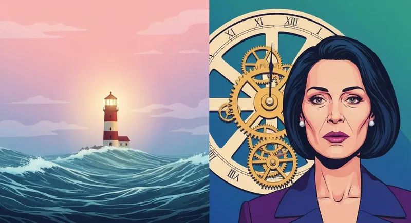 A conceptual digital art piece illustrating the difference between mentally unstable vs emotionally unstable states using a lighthouse and golden clockwork gears. mentally-unstable-vs-emotionally-unstable-bestie-ai.webp