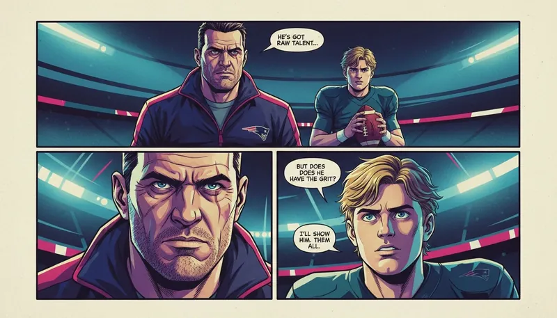 A thoughtful depiction of the potential Mike Vrabel Drake Maye partnership, showing a coach mentoring his rookie quarterback on the field for the New England Patriots. Filename: mike-vrabel-drake-maye-patriots-development-bestie-ai.webp