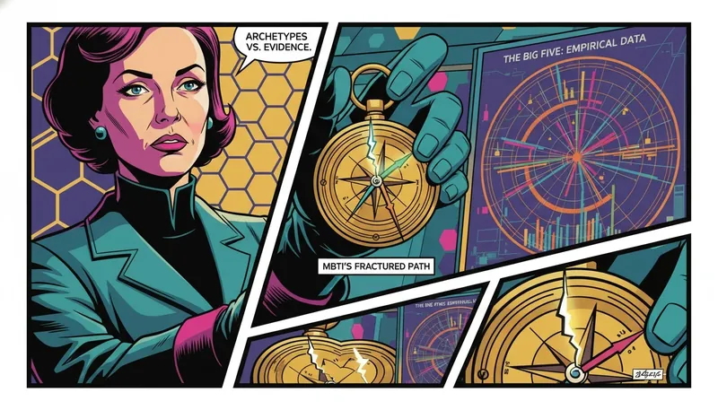 A symbolic image representing the debate over the Myers-Briggs Test scientific validity, showing a broken antique compass held against a modern scientific backdrop. Filename: myers-briggs-test-scientific-validity-bestie-ai.webp