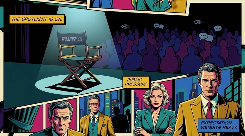 An empty director's chair on a dark stage, symbolizing the psychological pressures faced by young star Nell Fisher in the spotlight of fame. nell-fisher-psychological-effects-childhood-fame.webp