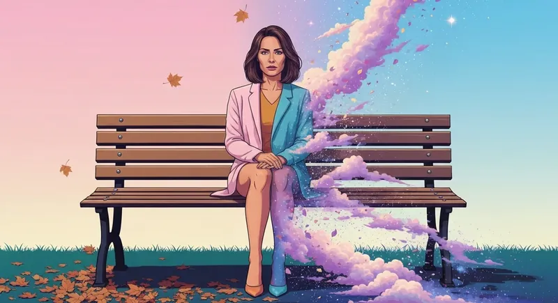 A woman experiencing the split between reality and an internal world, illustrating the concept of normal vs clinical dissociation. normal-vs-clinical-dissociation-bestie-ai.webp