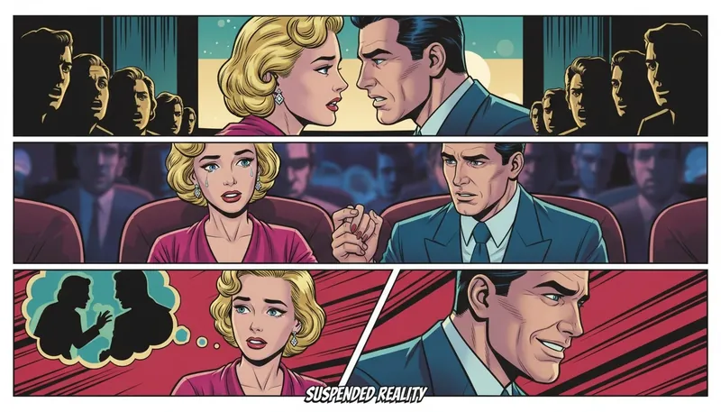 An image illustrating the concept of on-screen chemistry explained, showing an audience captivated by a romantic scene on a movie screen, symbolizing the viewer's emotional investment in fictional love. Filename: on-screen-chemistry-explained-bestie-ai.webp