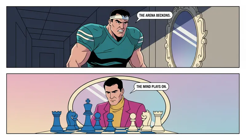 A metaphorical visualization of overcoming imposter syndrome at work featuring an athlete and a mirror-bestie-ai.webp