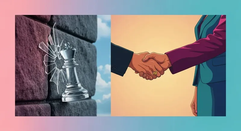 passive-aggression-vs-assertion-bestie-ai.webp. A conceptual image illustrating passive aggression vs assertion through the contrast of a breaking chess piece and an open, honest handshake.