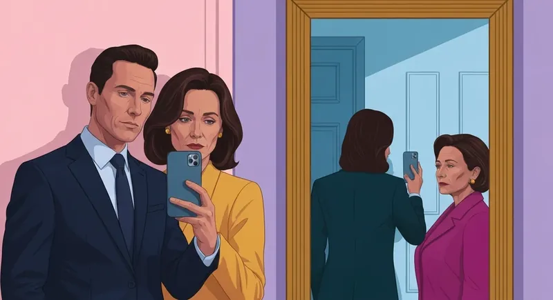 A couple illustrating a performative relationship on social media, where their public selfie hides a private disconnection, highlighting the signs of a fake relationship. Filename: performative-relationship-on-social-media-bestie-ai.webp